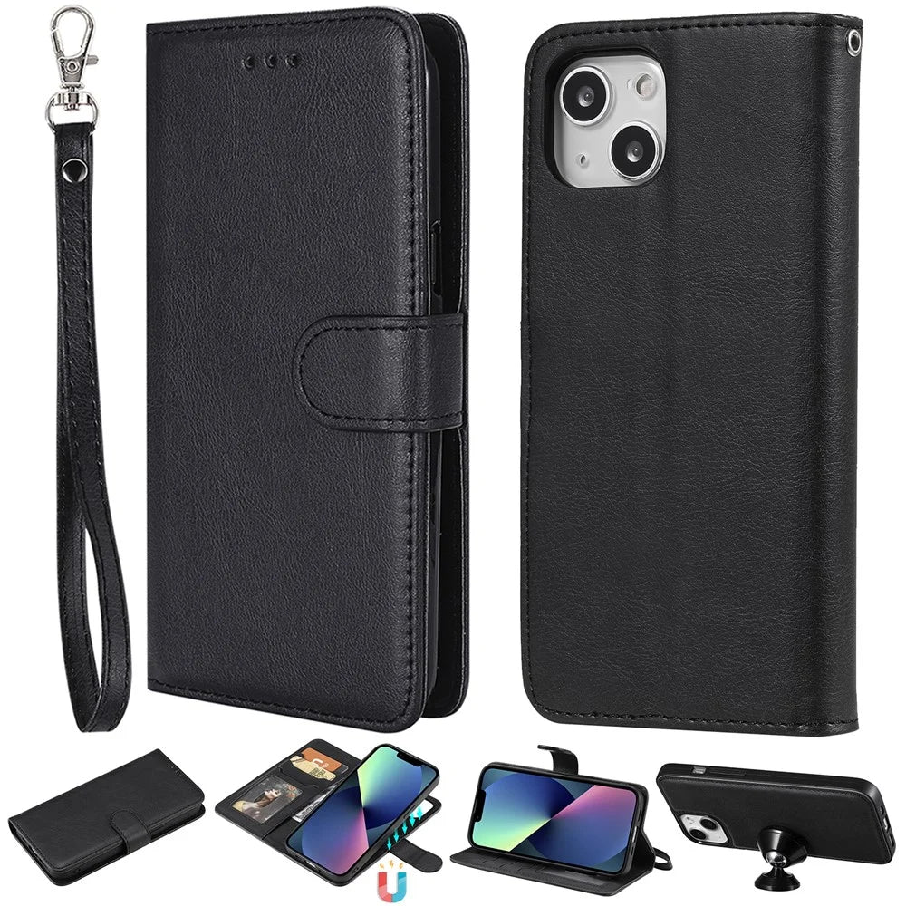 For iPhone 13 mini Case 2 in 1 Detachable Magnetic Leather Wallet Mobile Cover with Strap - Black - 1