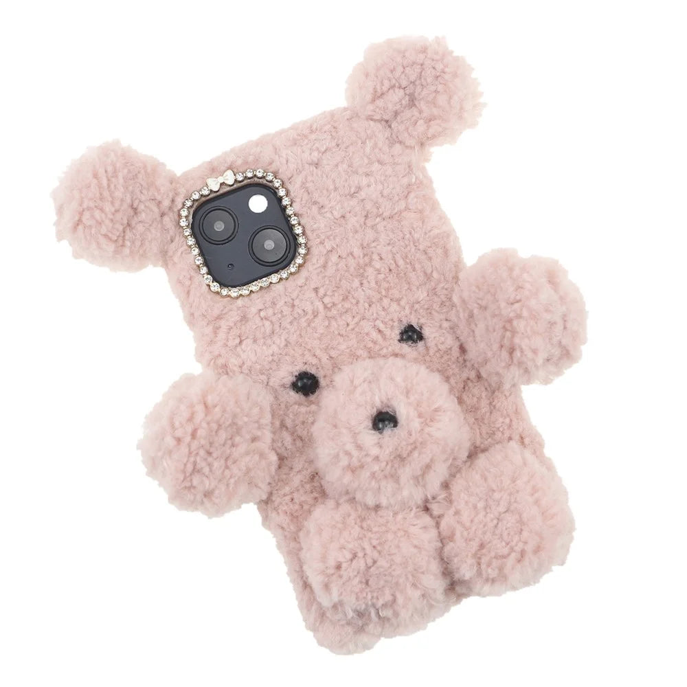 3D Furry Bear Plush Doll Anti-fall TPU Phone Case Shell for iPhone 13 6.1 inch - Pink - 2