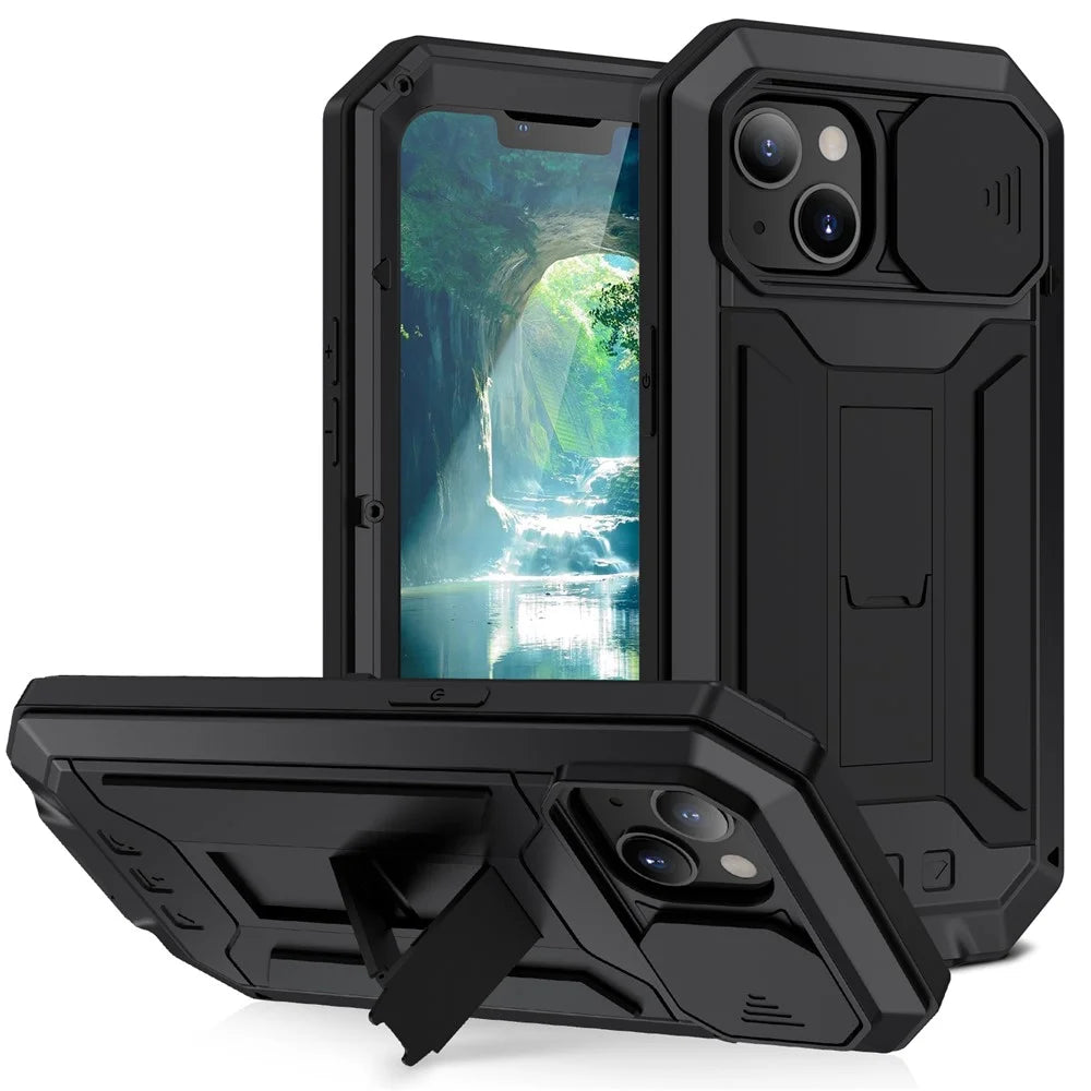 R-JUST Slide Camera Cover Shockproof PC + Silicone + Metal Hybrid Phone Case Cover with Kickstand Design for iPhone 13 6.1 inch - Black - 1