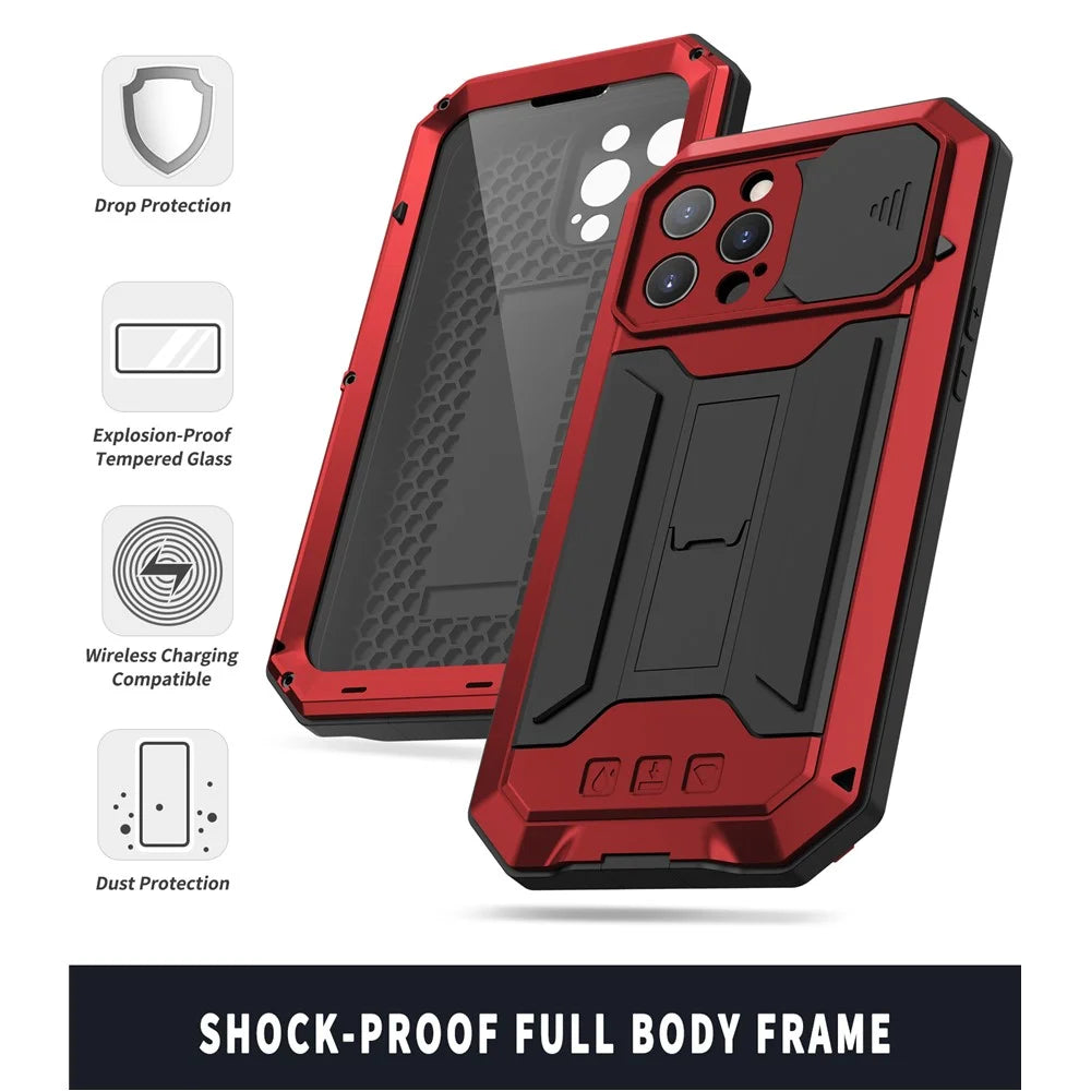 R-JUST Phone Protector Cover Kickstand Shell with Tempered Glass Screen Protector and Camera Slider for iPhone 13 Pro 6.1 inch - Red - 3