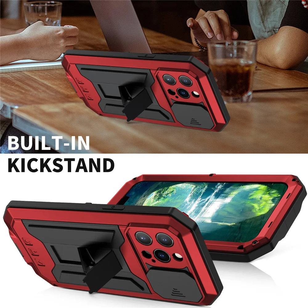 R-JUST Phone Protector Cover Kickstand Shell with Tempered Glass Screen Protector and Camera Slider for iPhone 13 Pro 6.1 inch - Red - 6