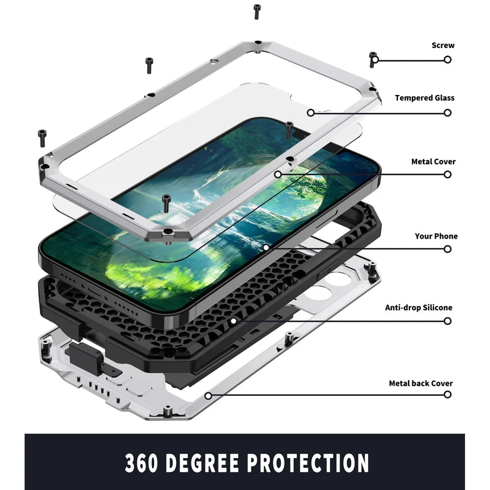 R-JUST Dustproof Dropproof Daily Waterproof Metal Frame Phone Protector Cover Kickstand Shell with Tempered Glass Screen Protector for iPhone 13 Pro Max 6.7 inch - Silver - 5