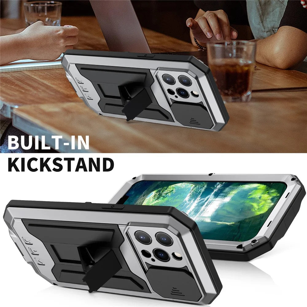 R-JUST Dustproof Dropproof Daily Waterproof Metal Frame Phone Protector Cover Kickstand Shell with Tempered Glass Screen Protector for iPhone 13 Pro Max 6.7 inch - Silver - 6