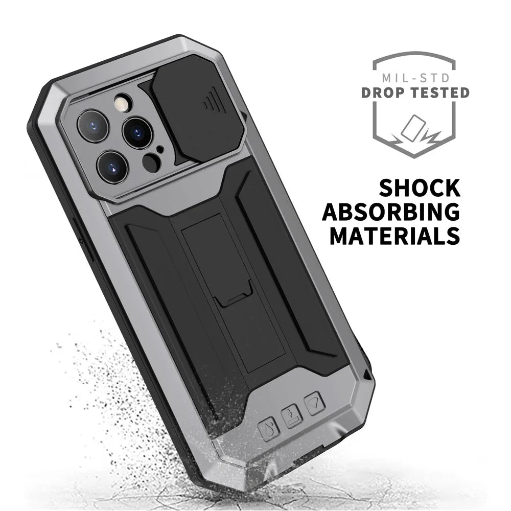 R-JUST Dustproof Dropproof Daily Waterproof Metal Frame Phone Protector Cover Kickstand Shell with Tempered Glass Screen Protector for iPhone 13 Pro Max 6.7 inch - Silver - 7