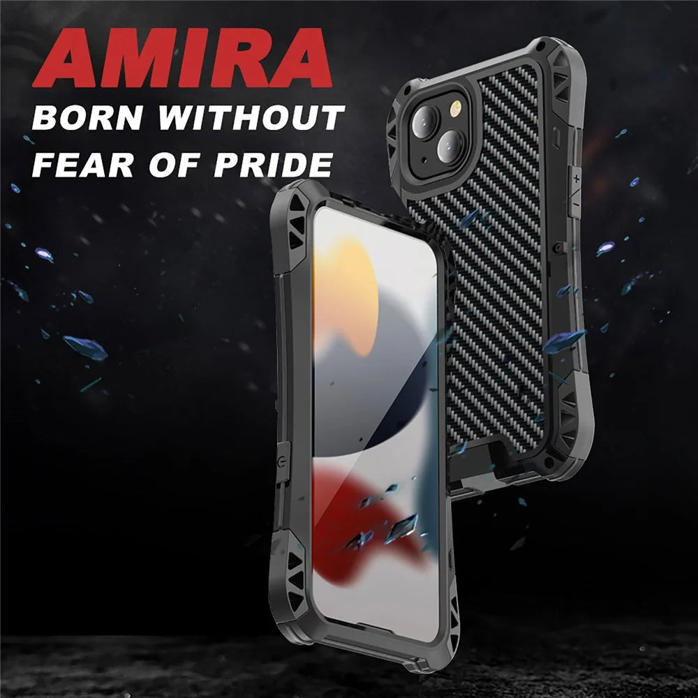R-JUST AMIRA Shockproof Aluminium Alloy + Silicone + Tempered Glass Hybrid Phone Case Cover for iPhone 13 6.1 inch - Black - 5