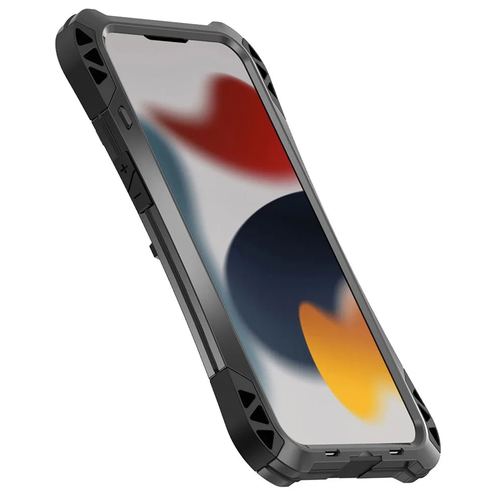 R-JUST AMIRA Carbon Fiber Texture Aluminium Alloy + Silicone + Tempered Glass Anti-fall Hybrid Case Phone Shell for iPhone 13 Pro 6.1 inch - Black - 7