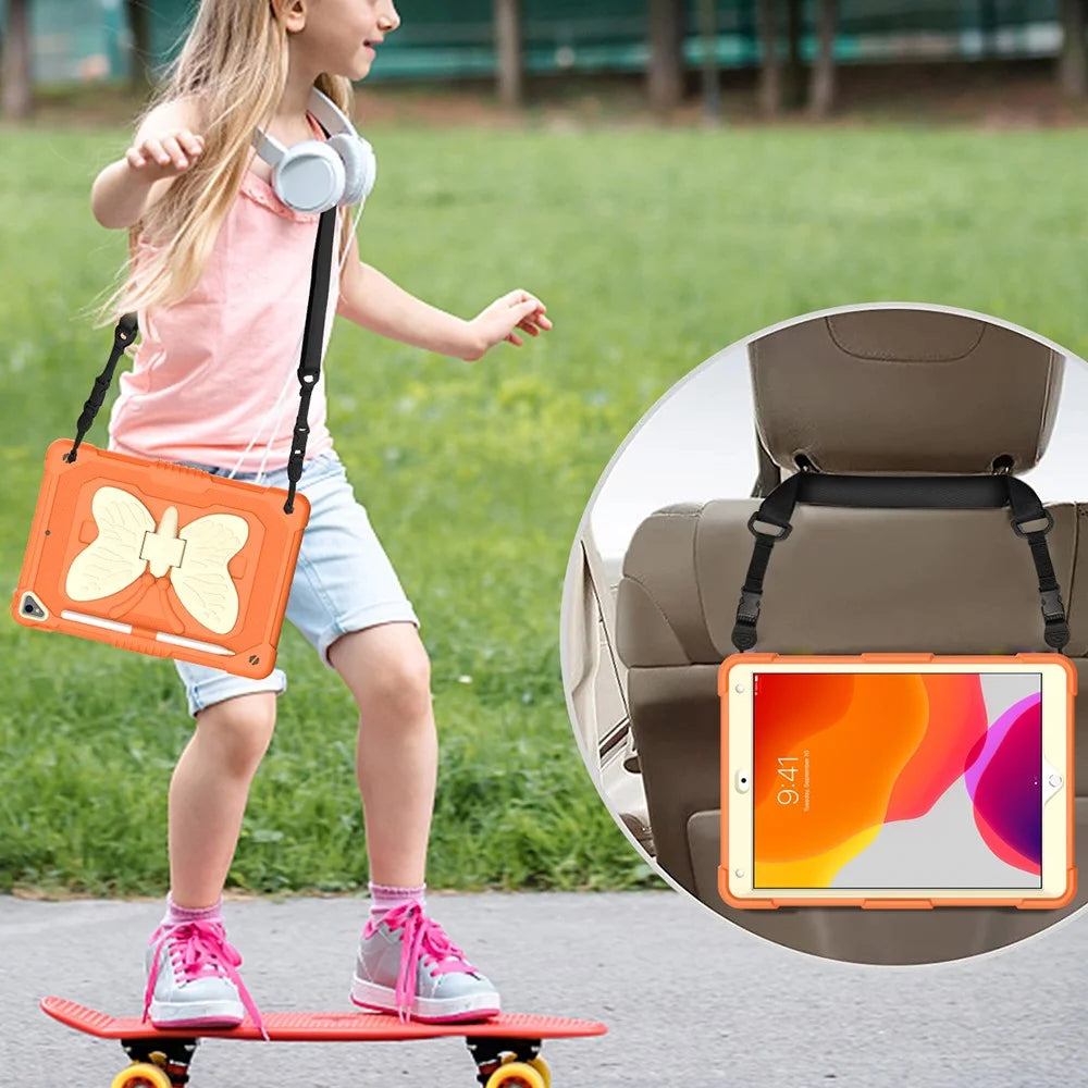 Dual-color PC + Silicone Butterfly Shape Kickstand Tablet Cover Case with Shoulder Strap for iPad 10.2 (2021)/(2020)/(2019) - Beige/Orange - 5