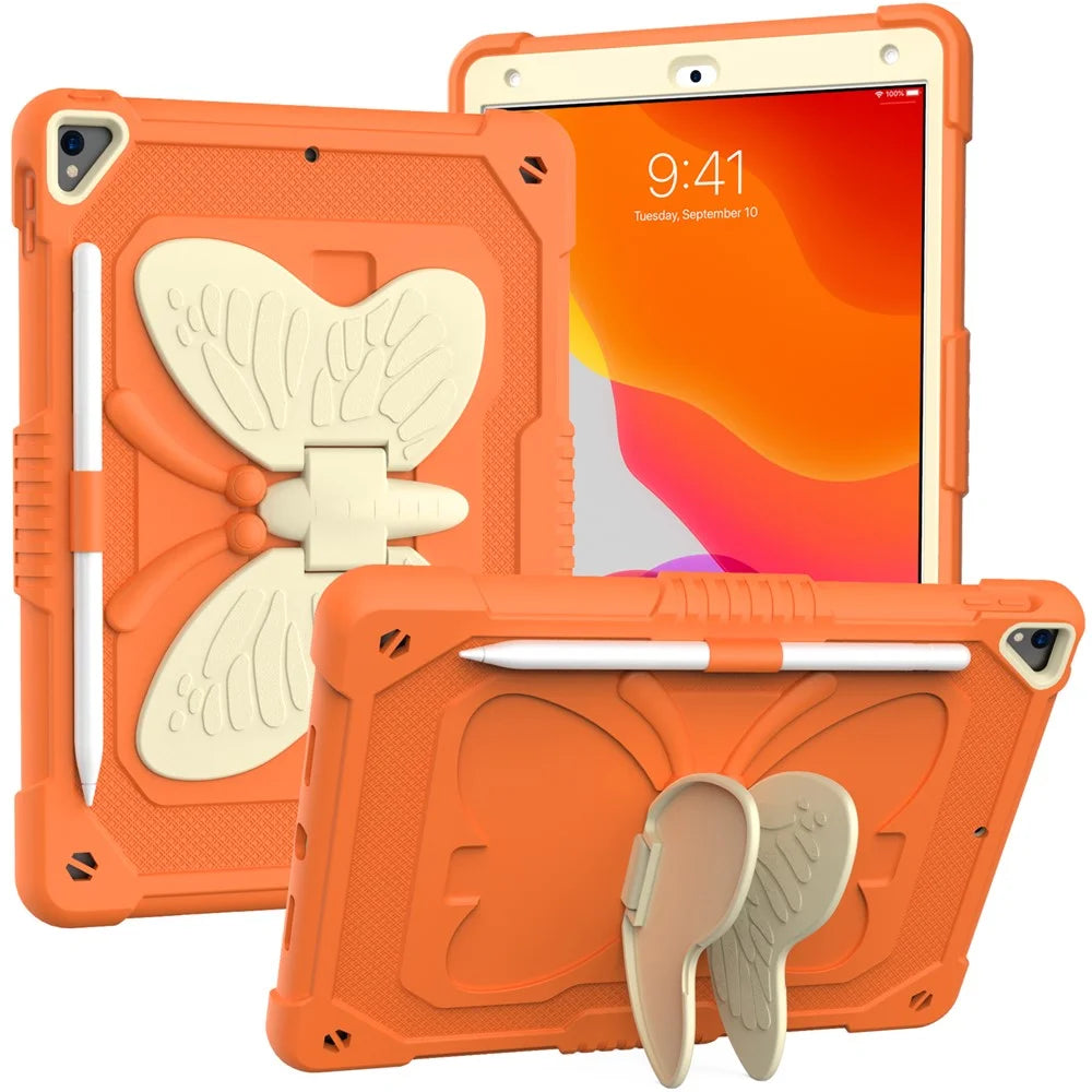 Dual-color PC + Silicone Butterfly Shape Kickstand Tablet Cover Case with Shoulder Strap for iPad 10.2 (2021)/(2020)/(2019) - Beige/Orange - 6