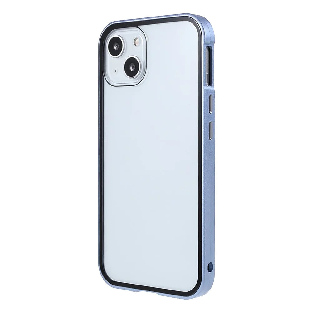 Drop and Shock Resistant Bright Double-sided Tempered Glass + Magnetic Metal Frame Phone Case for iPhone 13 6.1 inch - Blue - 2