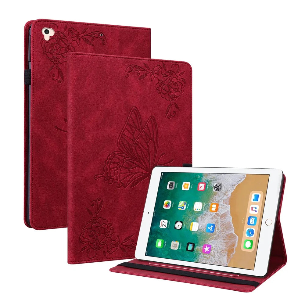 Viewing Stand Butterfly Flower Pattern Imprinting Leather Folio Cover with Elastic Band for iPad 9.7-inch (2018) / iPad 9.7-inch (2017) / iPad Air 2 (iPad 6) / iPad Air (iPad 5) - Red - 1