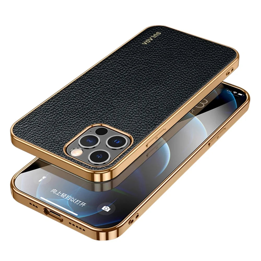SULADA Well-Protected Litchi Texture Stylish Electroplating Frame PU Leather Coated Hybrid Phone Case for iPhone 13 Pro 6.1 inch - Black - 1