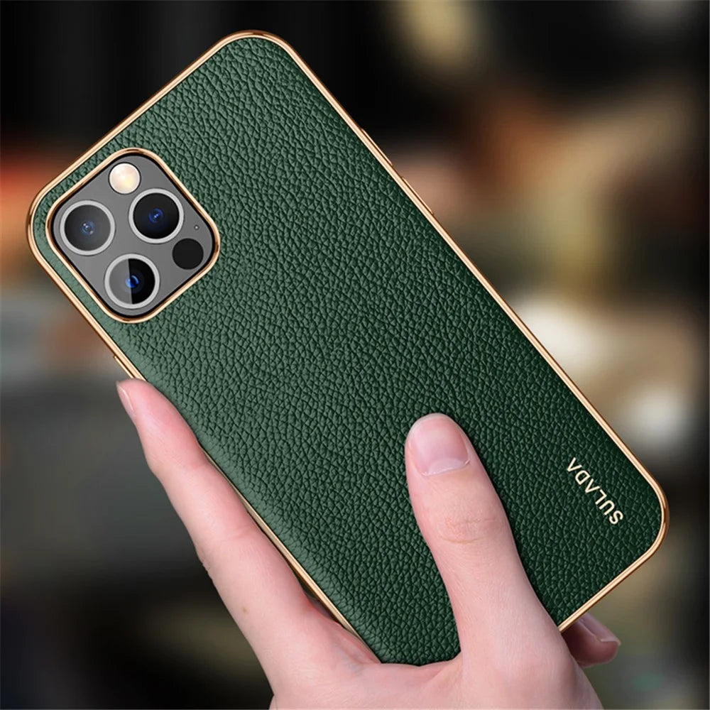 SULADA Well-Protected Litchi Texture Stylish Electroplating Frame PU Leather Coated Hybrid Phone Case for iPhone 13 Pro 6.1 inch - Black - 2