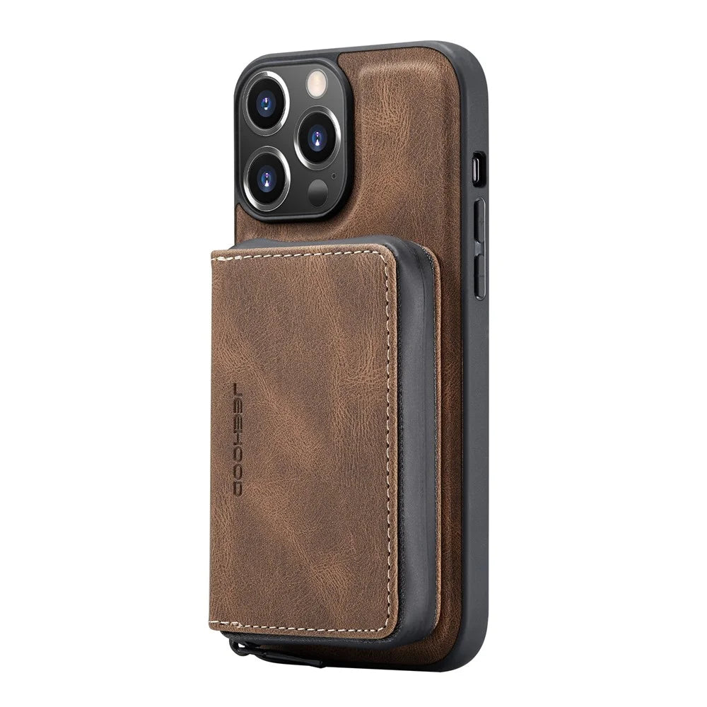 JEEHOOD Stylish Well-protected Shockproof Magnetic Detachable 2-in-1 Hybrid Case with Zippered Wallet Kickstand for iPhone 13 Pro Max 6.7 inch - Brown - 3