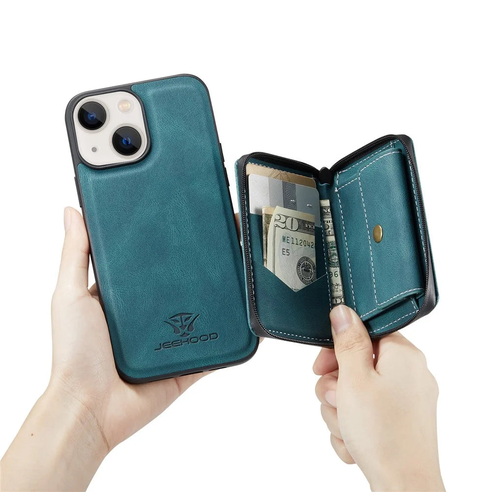 JEEHOOD Kickstand Design Well-Protected Magnetic Detachable 2-in-1 Hybrid Case with Zipper Closure Wallet for iPhone 13 mini 5.4 inch - Green - 1