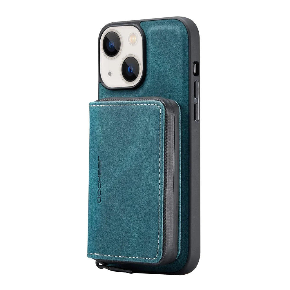 JEEHOOD Kickstand Design Well-Protected Magnetic Detachable 2-in-1 Hybrid Case with Zipper Closure Wallet for iPhone 13 mini 5.4 inch - Green - 3