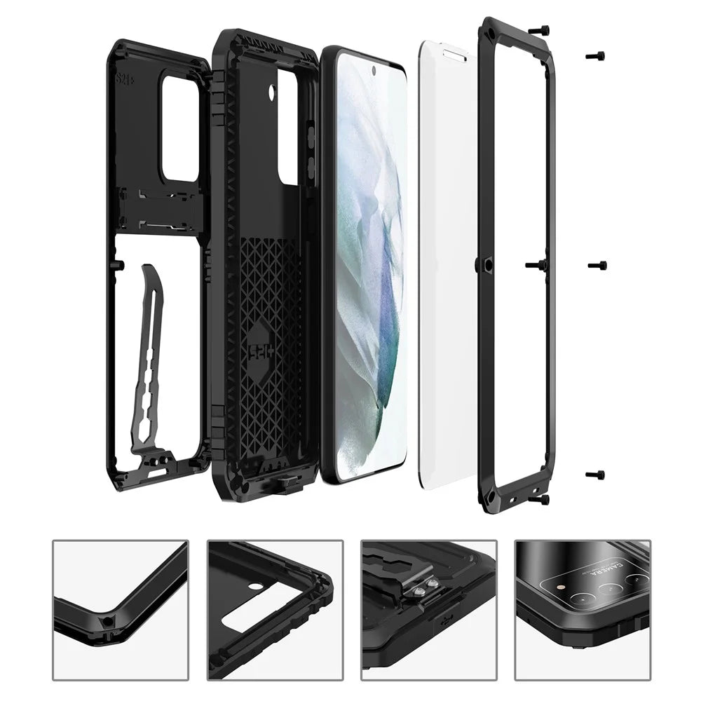 Anti-Fall Dustproof Shockproof TPU+Metal Hybrid Case Kickstand Shell with Tempered Glass Film and Strap for Samsung Galaxy S21 FE 5G/S21 Fan Edition - Black - 3