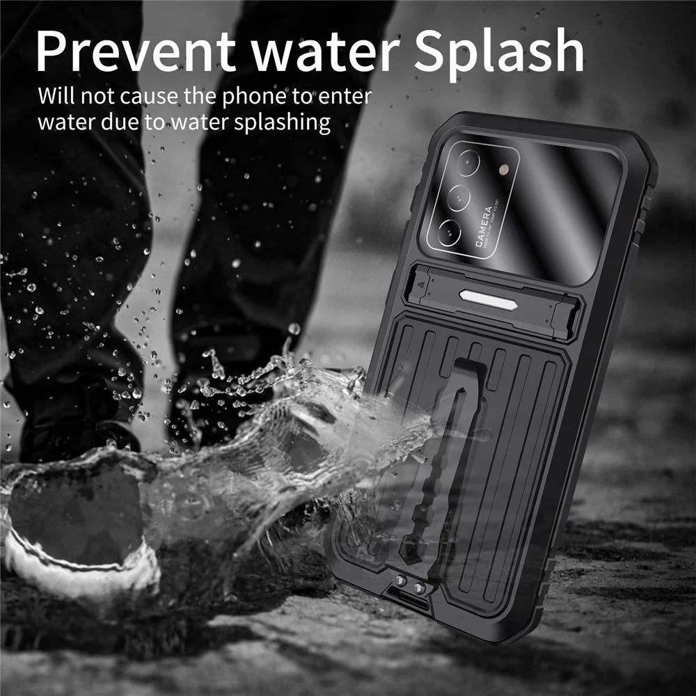Anti-Fall Dustproof Shockproof TPU+Metal Hybrid Case Kickstand Shell with Tempered Glass Film and Strap for Samsung Galaxy S21 FE 5G/S21 Fan Edition - Black - 5