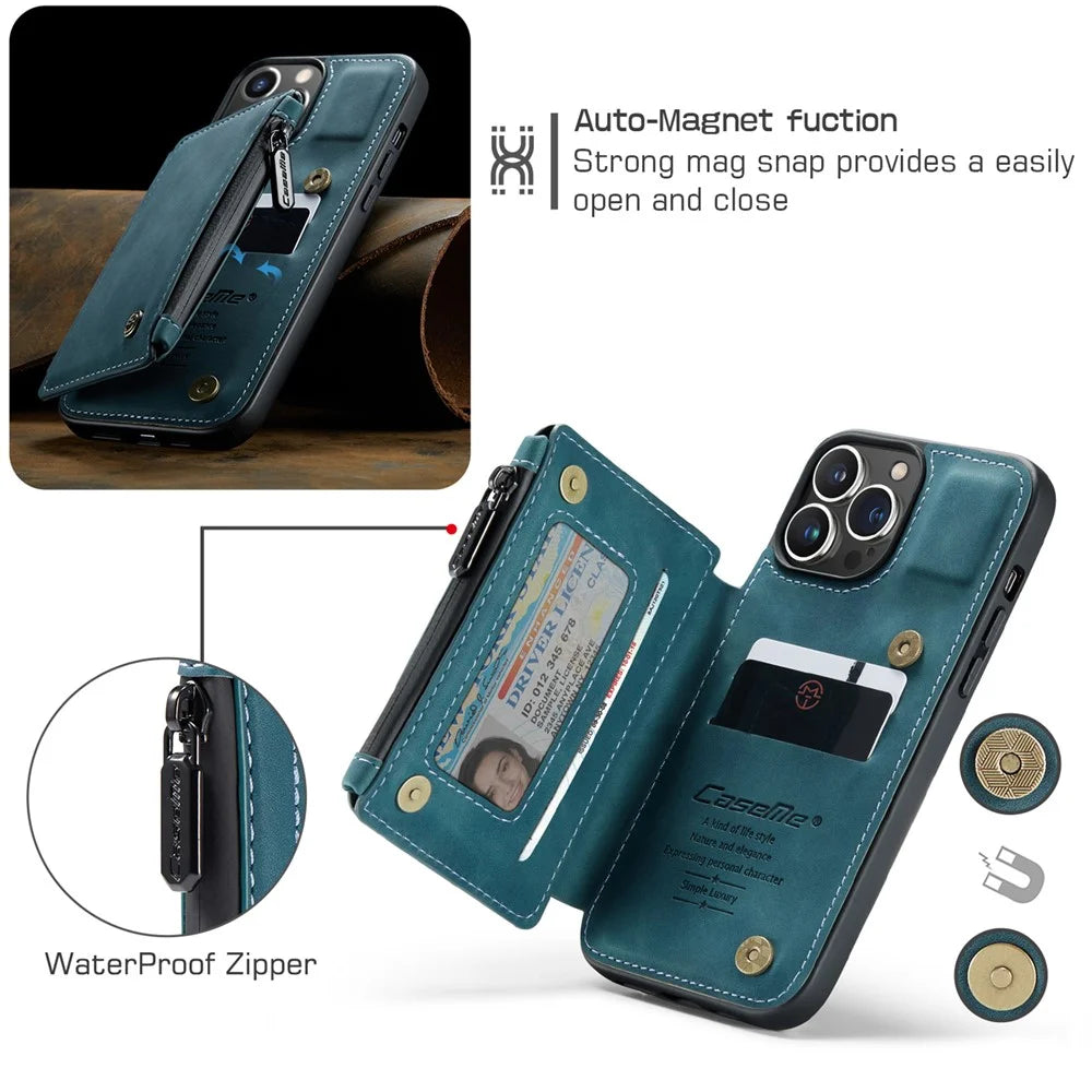 CASEME C20 Series Scratch Resistant Shockproof Phone Cover Zipper Pocket Card Slots Wallet Design PU Leather and TPU Back Case for iPhone 13 Pro Max 6.7 inch - Blue - 3