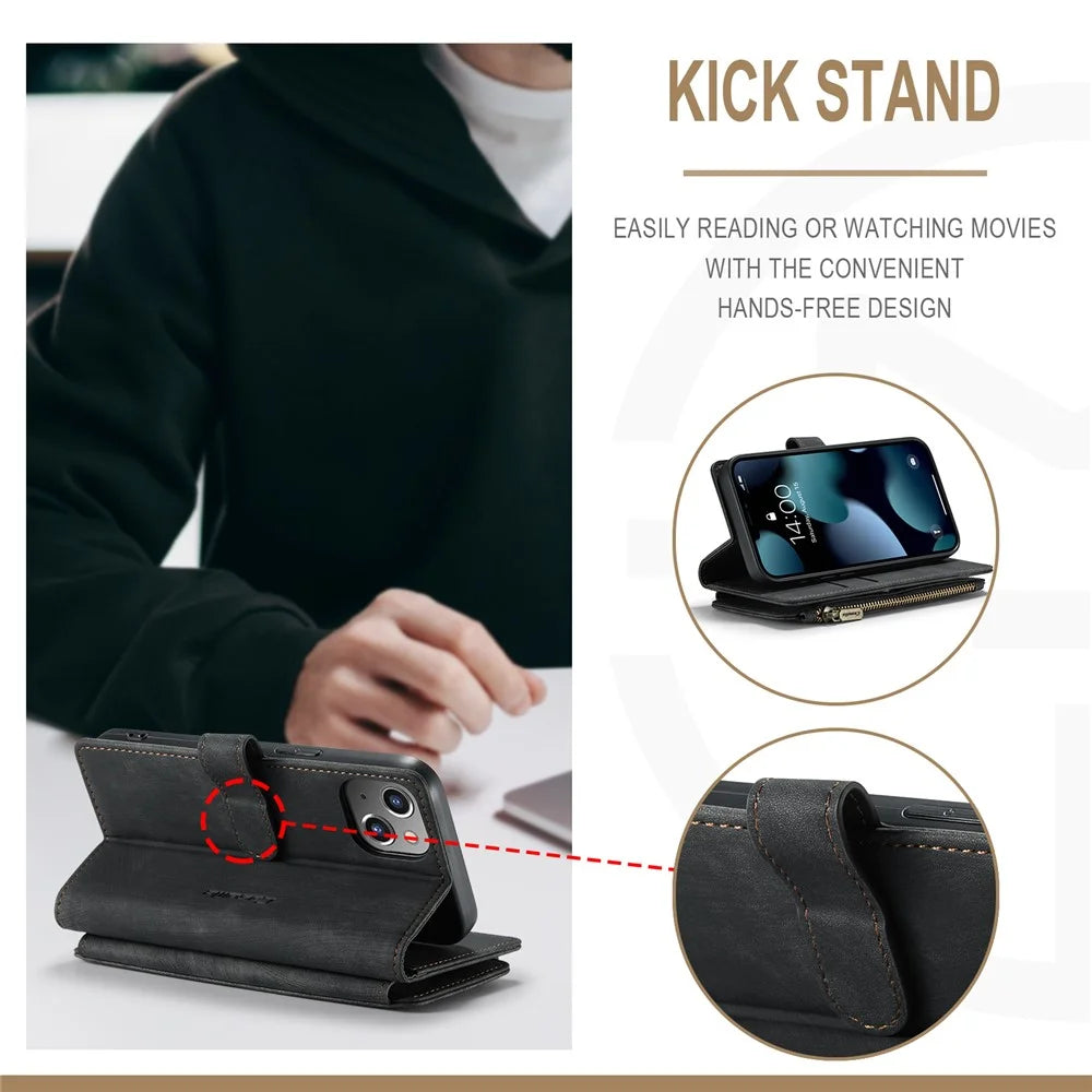 For iPhone 13 Phone Cases with Strap CASEME C30 Zipper Multiple Card Holder PU Leather Cover - Black - 2