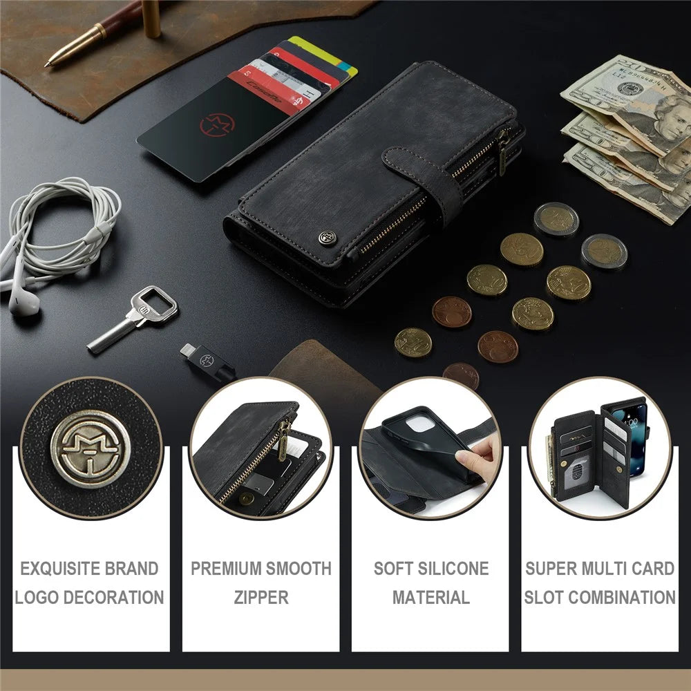 For iPhone 13 mini Phone Cases with Strap CASEME C30 Zipper Multiple Card Holder PU Leather Cover - Black - 5