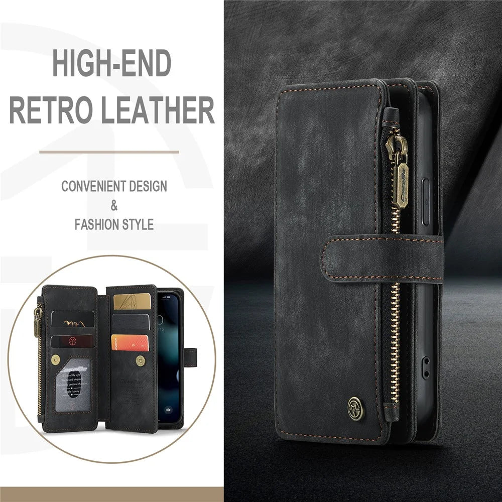 For iPhone 13 mini Phone Cases with Strap CASEME C30 Zipper Multiple Card Holder PU Leather Cover - Black - 6