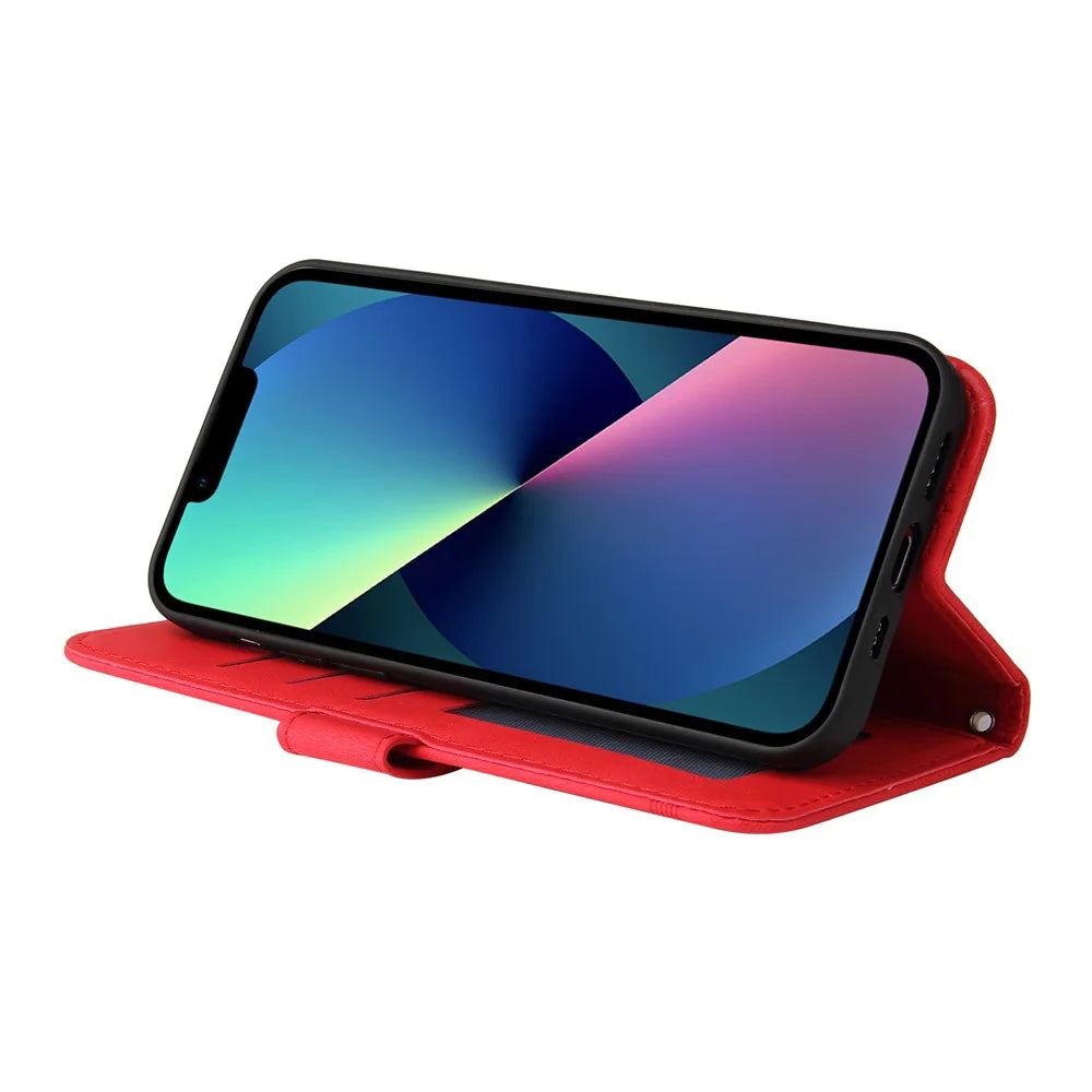 For iPhone 13 Leather Wallet Cases Skin Touch Phone Cover Stand with Strap - Red - 5
