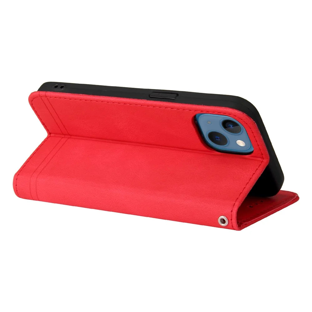 For iPhone 13 Leather Wallet Cases Skin Touch Phone Cover Stand with Strap - Red - 6