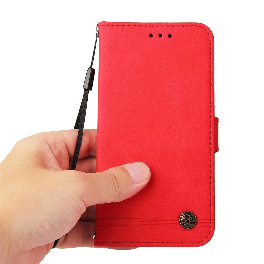 For iPhone 13 Leather Wallet Cases Skin Touch Phone Cover Stand with Strap - Red - 7