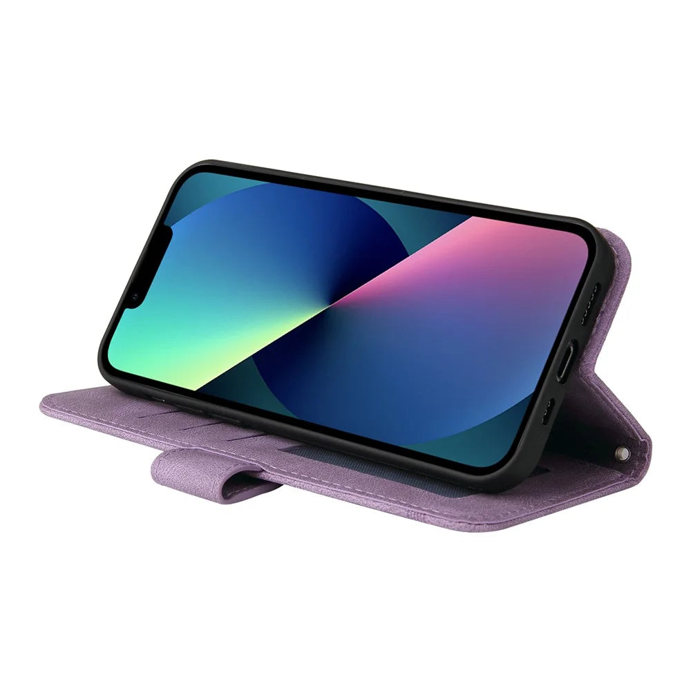 For iPhone 13 Leather Wallet Cases Skin Touch Phone Cover Stand with Strap - Purple - 5