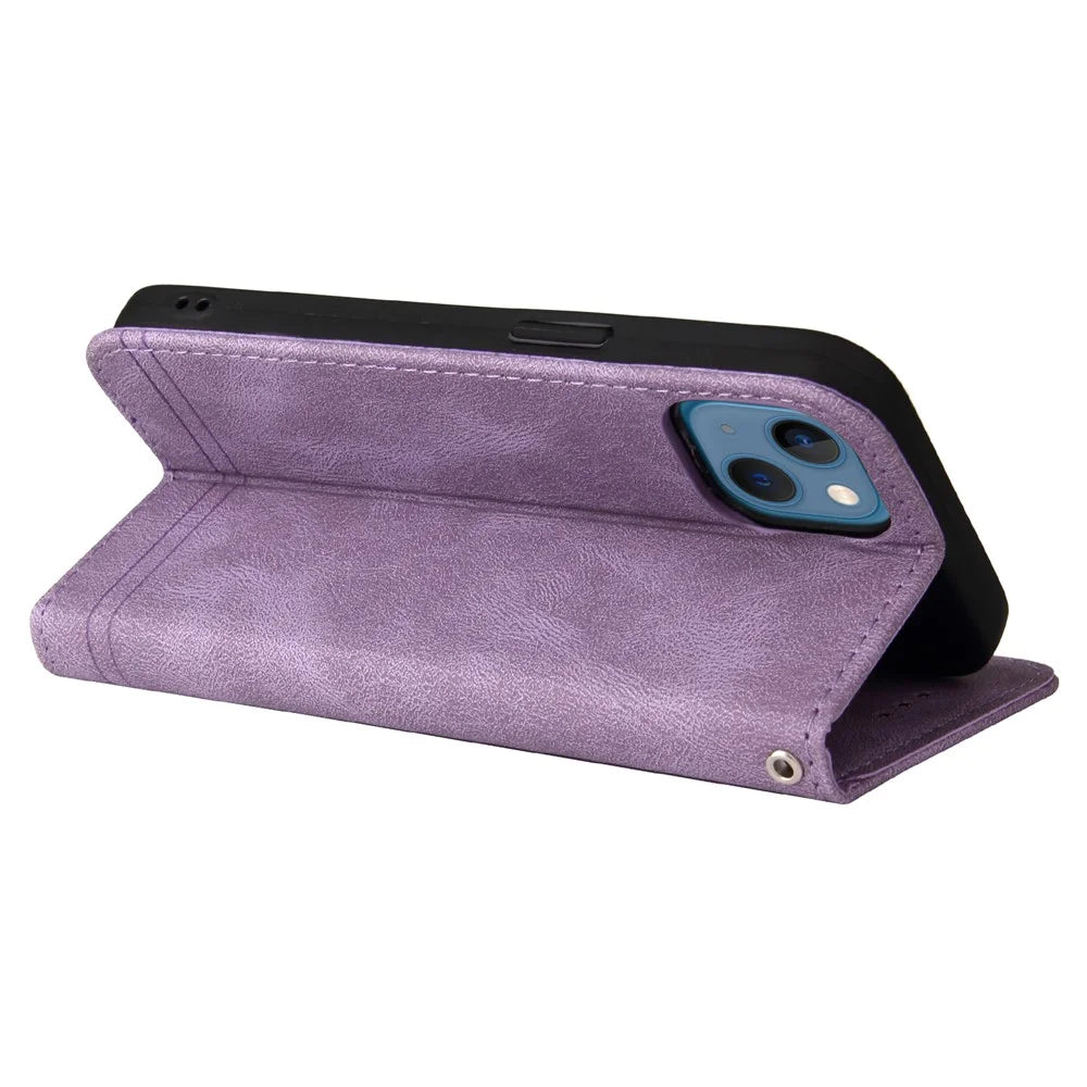 For iPhone 13 Leather Wallet Cases Skin Touch Phone Cover Stand with Strap - Purple - 6