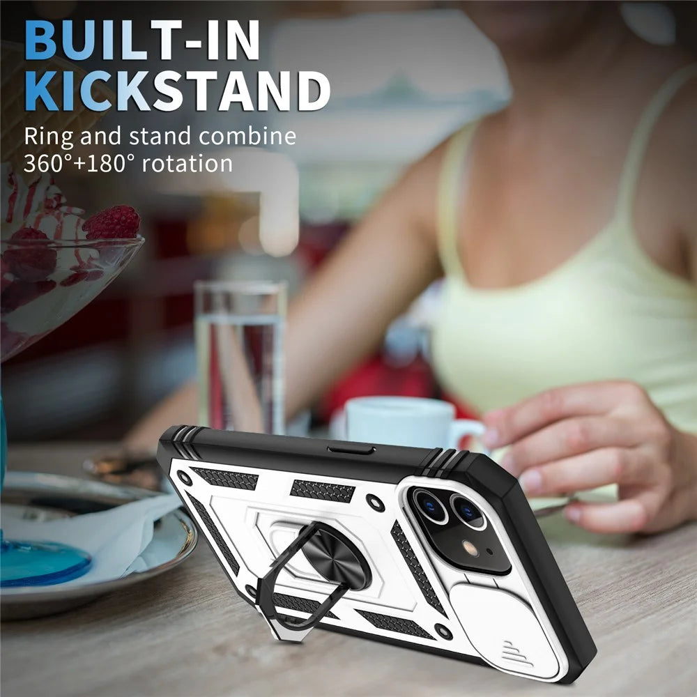 Ring Kickstand PC + TPU Impact-Resistant Bumpers Armor Protective Case with Slide Camera Lens Protection for iPhone 11 6.1 inch - White/Black - 2