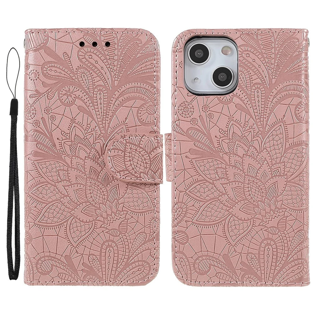 Lace Flowers Pattern Imprinting PU Leather Soft TPU Stand Flip Wallet Phone Case with Strap for iPhone 14 / 13 - Rose Gold - 1
