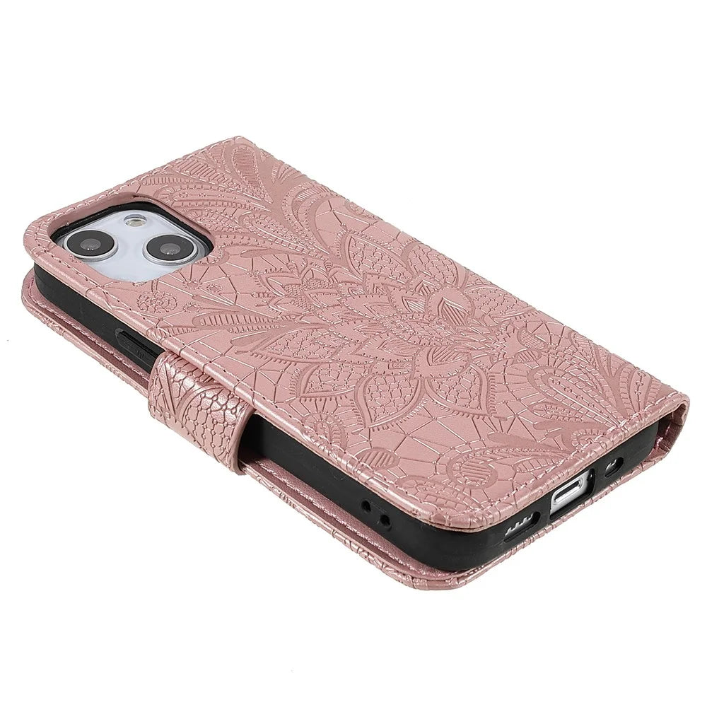 Lace Flowers Pattern Imprinting PU Leather Soft TPU Stand Flip Wallet Phone Case with Strap for iPhone 14 / 13 - Rose Gold - 5