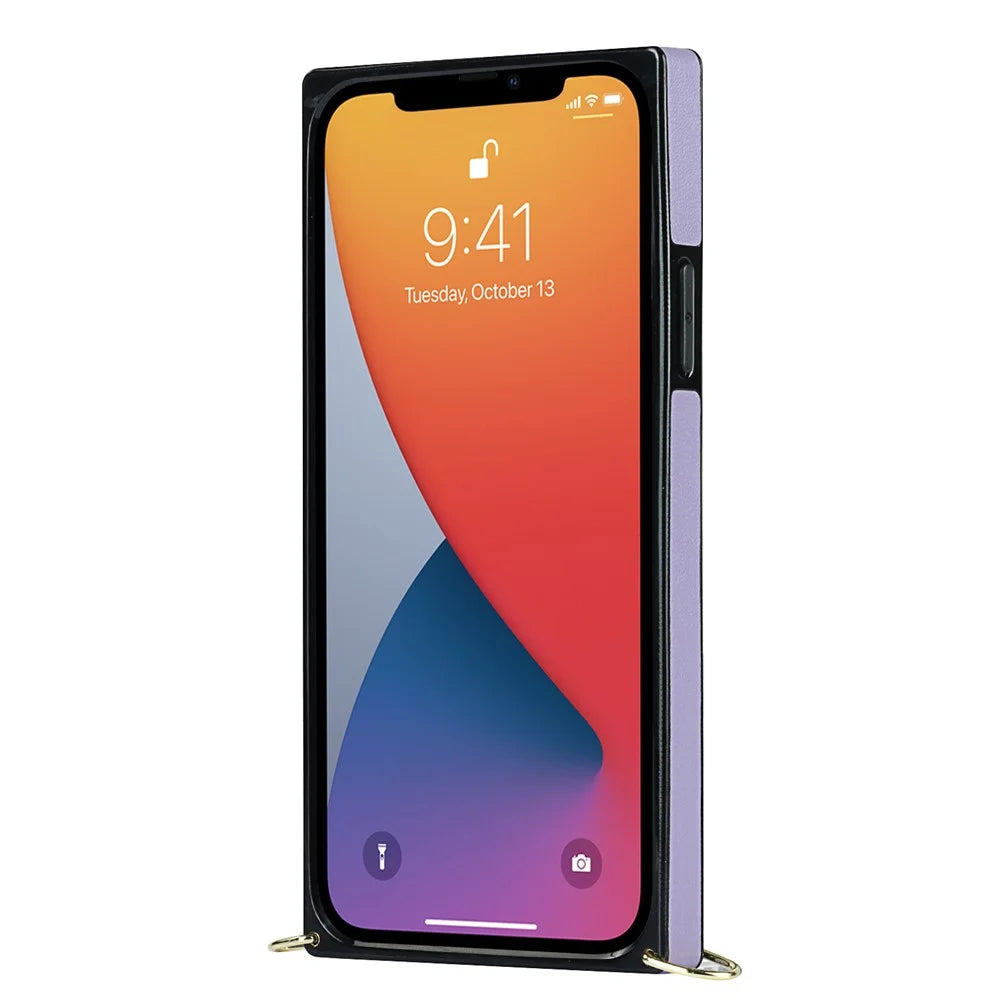Phone Cover Soft TPU+Microfiber Leather Phone Back Case with Shoulder Strap for iPhone 13 6.1 inch - Purple - 2