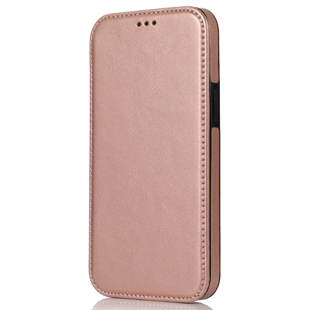 Jazz Series Auto-absorbed Magnetic Closure Stand Leather Phone Cover Shell with Card Slots for iPhone 13 mini 5.4 inch - Rose Gold - 2