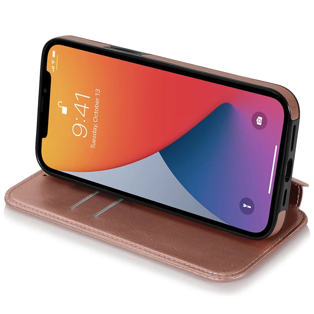 Jazz Series Auto-absorbed Magnetic Closure Stand Leather Phone Cover Shell with Card Slots for iPhone 13 mini 5.4 inch - Rose Gold - 5