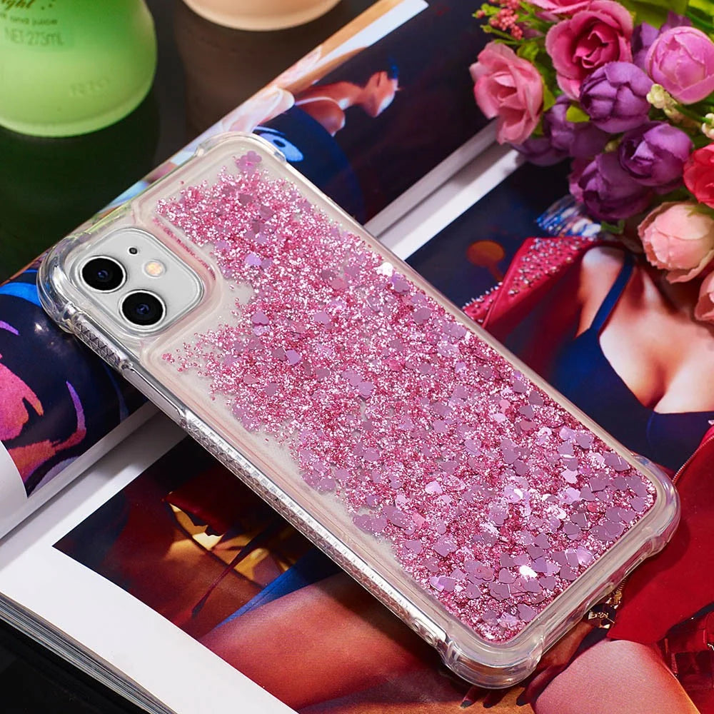 Reinforced Corner Anti-fall Quicksand Glitter TPU Protective Phone Case Shell for iPhone 11 6.1 inch - Rose Gold Hearts - 5