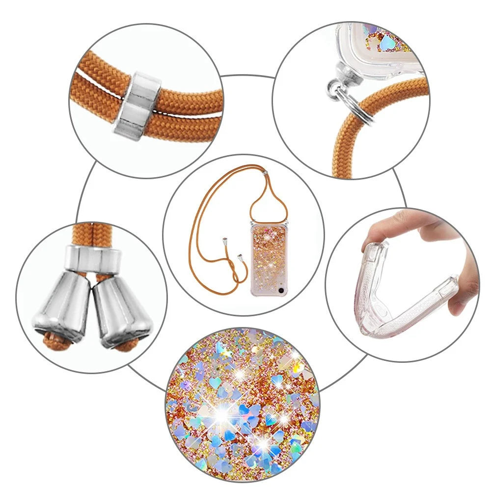 Glitter Quicksand Soft TPU Phone Case with Hands-free Lanyard for iPhone XR 6.1 inch - Diamond Gold Hearts - 4
