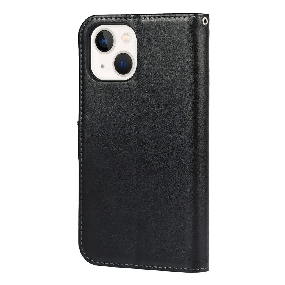 R61 Texture Felled Seam Phone Case Well-Protected Anti-Fall PU Leather Stand Wallet Cover Shell for iPhone 13 mini 5.4 inch - Black - 3