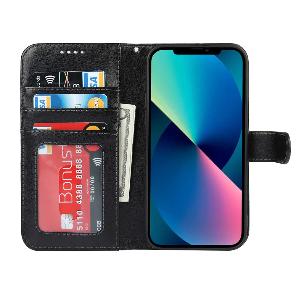 R61 Texture Felled Seam Phone Case Well-Protected Anti-Fall PU Leather Stand Wallet Cover Shell for iPhone 13 mini 5.4 inch - Black - 4