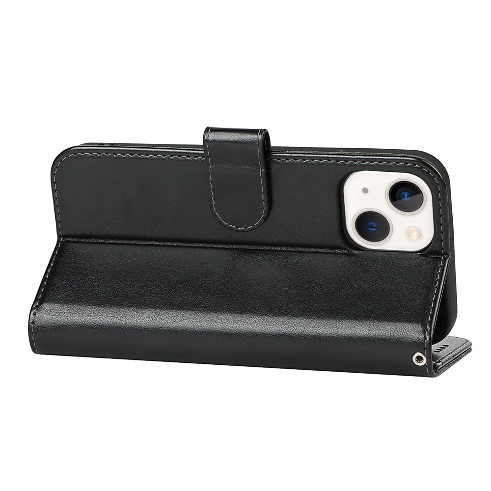 R61 Texture Felled Seam Phone Case Well-Protected Anti-Fall PU Leather Stand Wallet Cover Shell for iPhone 13 mini 5.4 inch - Black - 6
