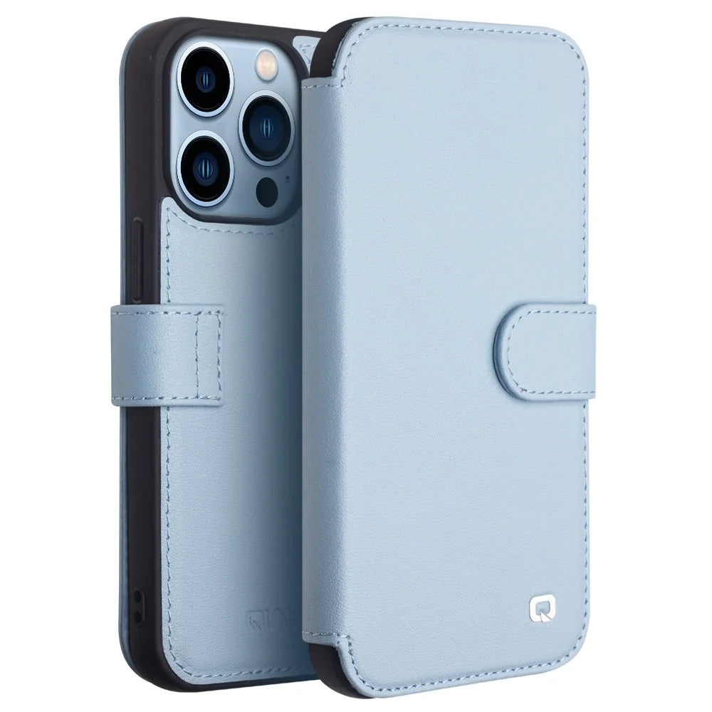 QIALINO Business Style Genuine Cowhide Leather Wallet Cover Magnetic Clasp Phone Case for iPhone 13 Pro 6.1 inch - Blue - 1