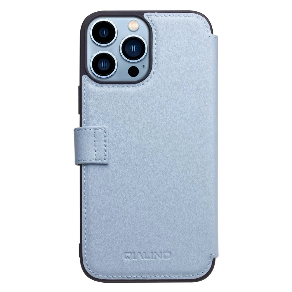 QIALINO Business Style Genuine Cowhide Leather Wallet Cover Magnetic Clasp Phone Case for iPhone 13 Pro 6.1 inch - Blue - 2