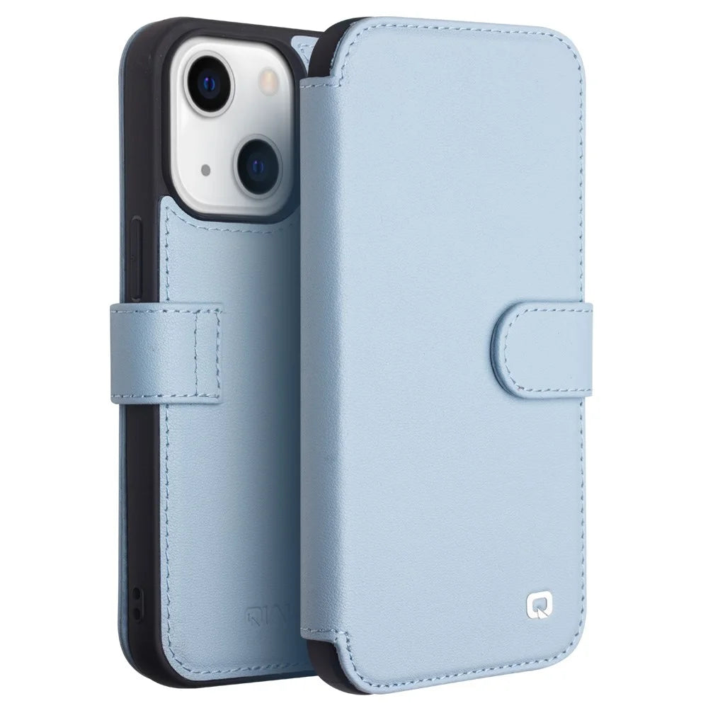 QIALINO Genuine Cowhide Leather Wallet Protective Phone Case Cover for iPhone 13 mini 5.4 inch - Blue - 1