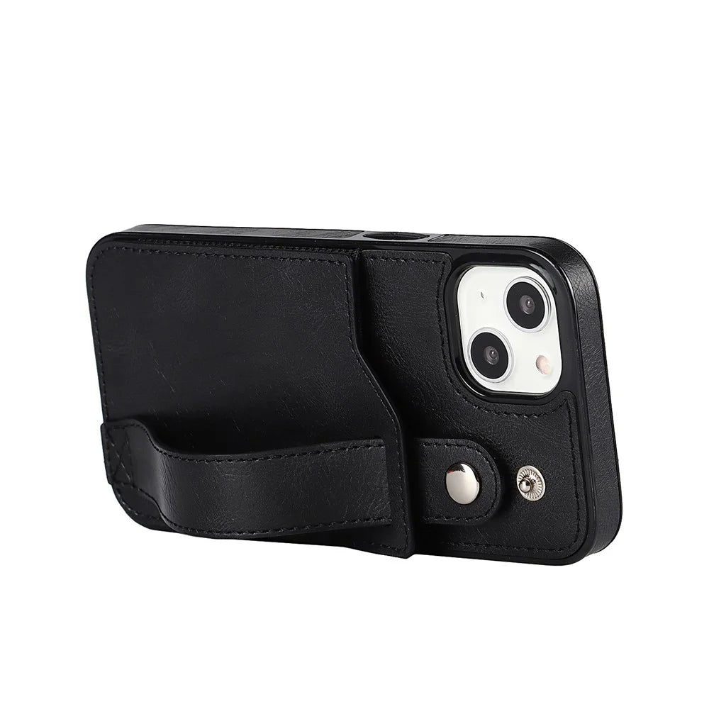 Hand Strap Kickstand Card Slot Design RFID Blocking Function PU Leather Coated TPU Phone Case for iPhone 13 mini 5.4 inch - Black - 4