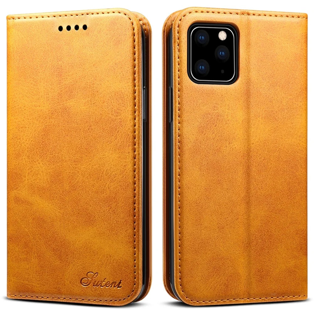 SUTENI Full Body Protection Textured Surface Magnetic Automatic Closing Wallet Leather Case with Stand for iPhone 11 Pro 5.8 inch - Khaki - 1