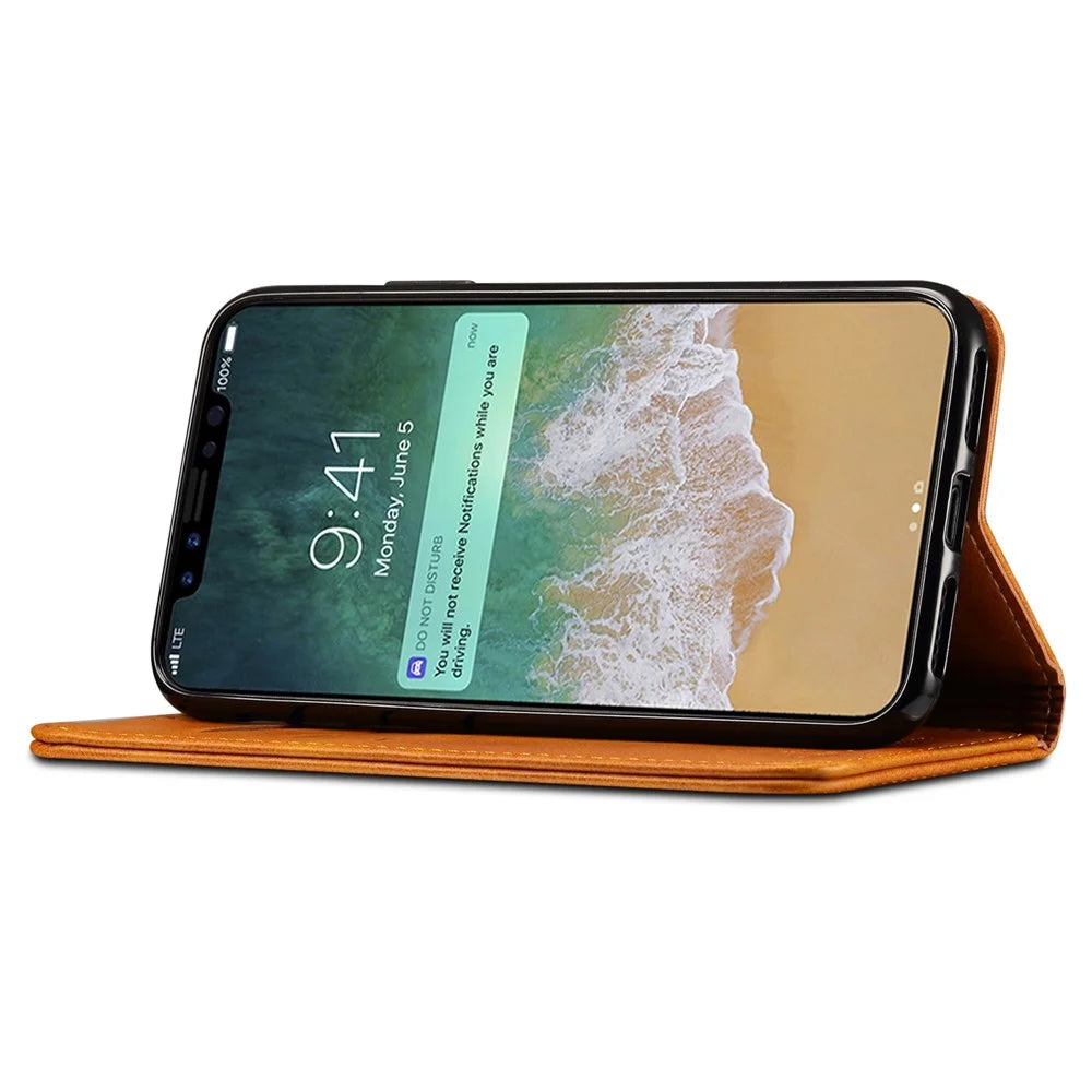 SUTENI Folio Flip Textured Surface Magnetic Automatic Closing Wallet Leather Protective Case with Stand for iPhone X/XS 5.8 inch - Khaki - 4