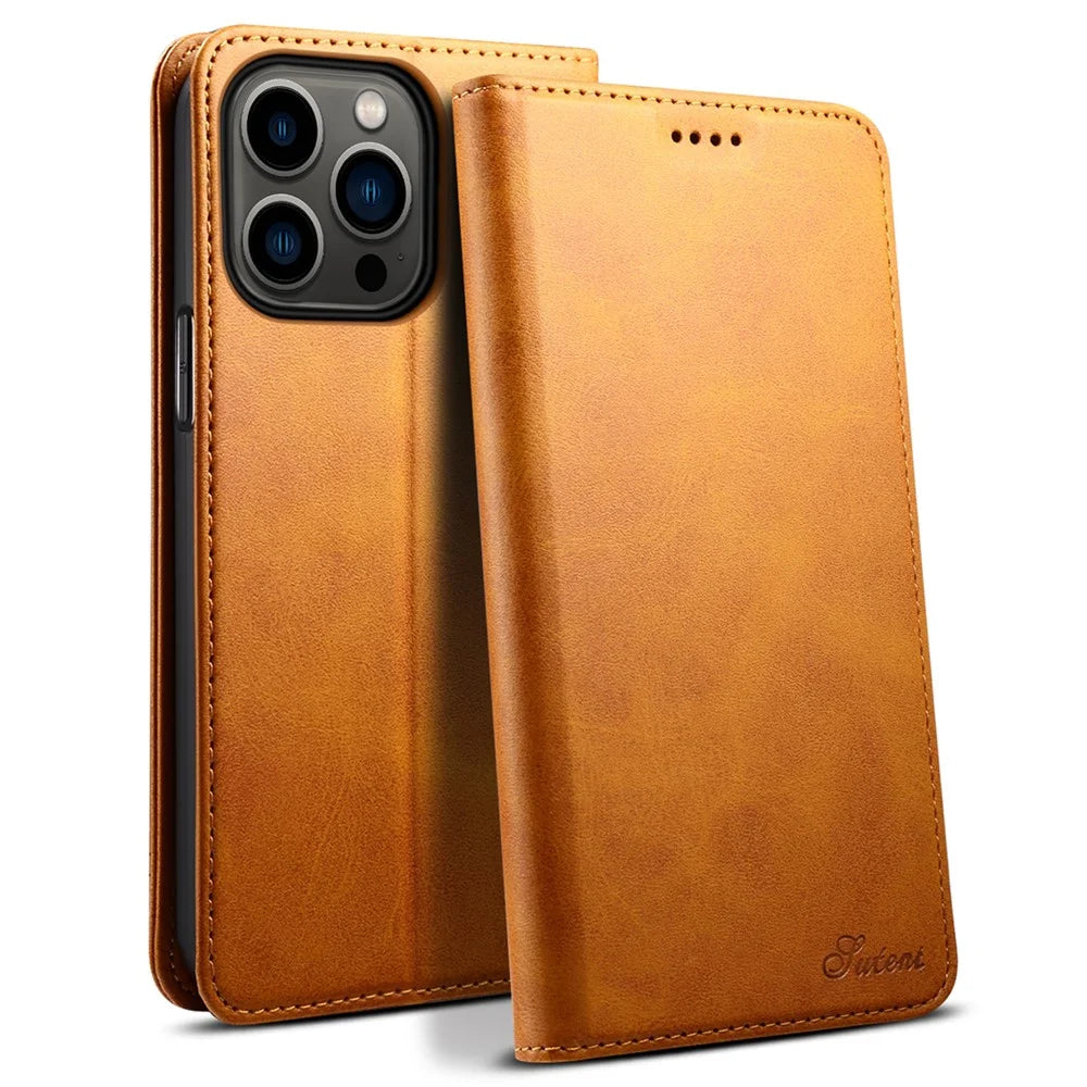 SUTENI Wallet Stand Design Anti-scratch Magnetic Automatic Closing Leather Cover + TPU Inner Case for iPhone 13 Pro Max 6.7 inch - Khaki - 1