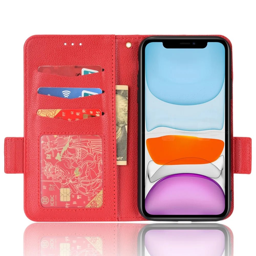 For iPhone 11 6.1 inch Magnetic Smartphone Shell Litchi Texture Anti-fingerprint PU Leather Stand Wallet Case Mobile Phone Cover - Red - 4