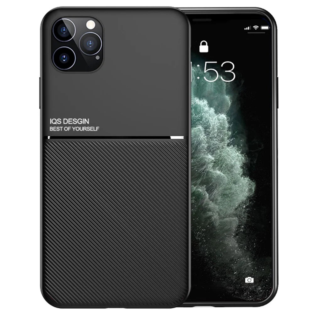 For iPhone 13 Pro Max 6.7 inch TPU + PU Leather Thin Textured Anti-fall Phone Case with Built-in Magnetic Metal Sheet - Black - 1